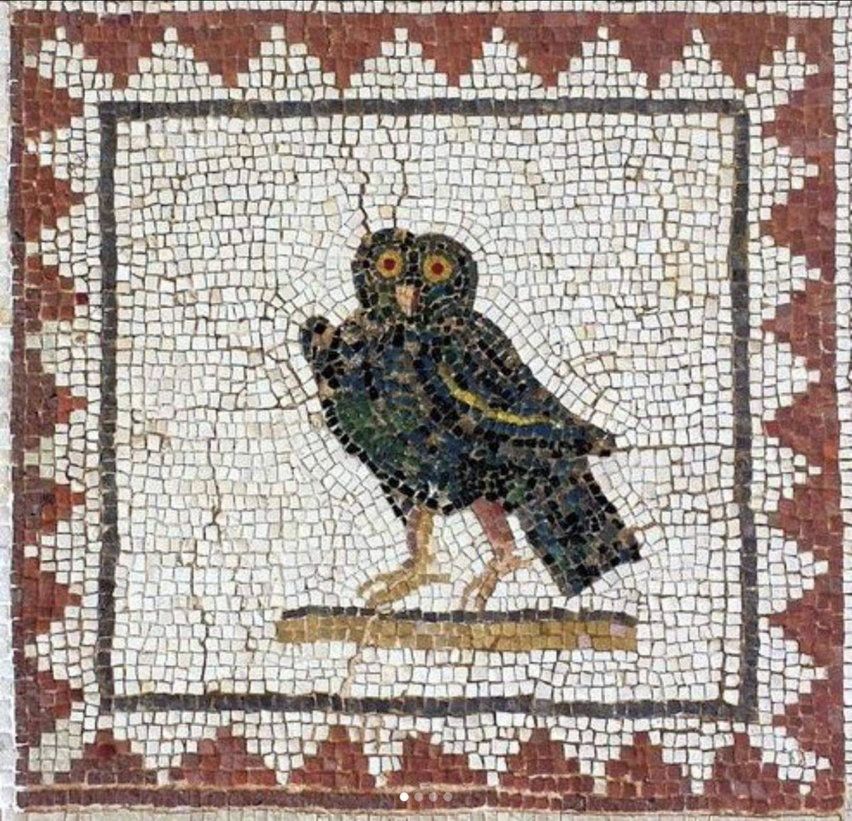 Roman Mosaic of an owl on the floor of the House of the Birds in Italica, an archaeological site at the outskirts of Seville, c. 1st c. AD.