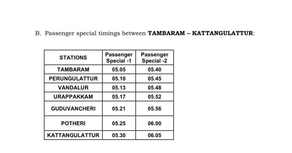 DrmChennai's tweet photo. To benefit the public returning by buses at Kilambakkam bus terminal after Diwali Festival, extra EMU train services will be operated between Kattangulattur &amp; Tambaram on Monday, 04.11.2024

These services will include a 5 minute halt at Potheri Railway Station

#ChennaiDivision https://t.co/DIZ81NOcVY