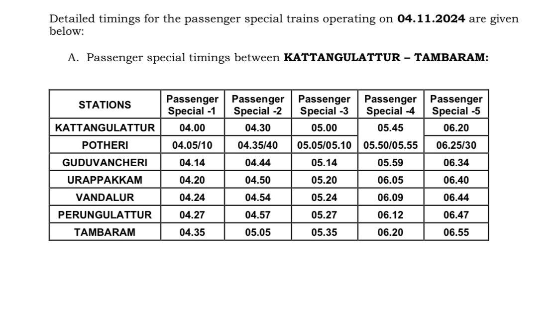 DrmChennai's tweet photo. To benefit the public returning by buses at Kilambakkam bus terminal after Diwali Festival, extra EMU train services will be operated between Kattangulattur &amp; Tambaram on Monday, 04.11.2024

These services will include a 5 minute halt at Potheri Railway Station

#ChennaiDivision https://t.co/DIZ81NOcVY