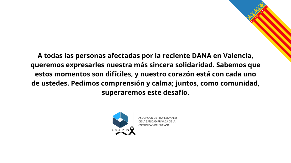 A todas las personas afectadas por la reciente DANA en Valencia, queremos expresarles nuestra más sincera solidaridad. Varias clínicas se han visto afectadas por el temporal, y están trabajando duramente para poder atender a los pacientes.  #FUERZAVALENCIA