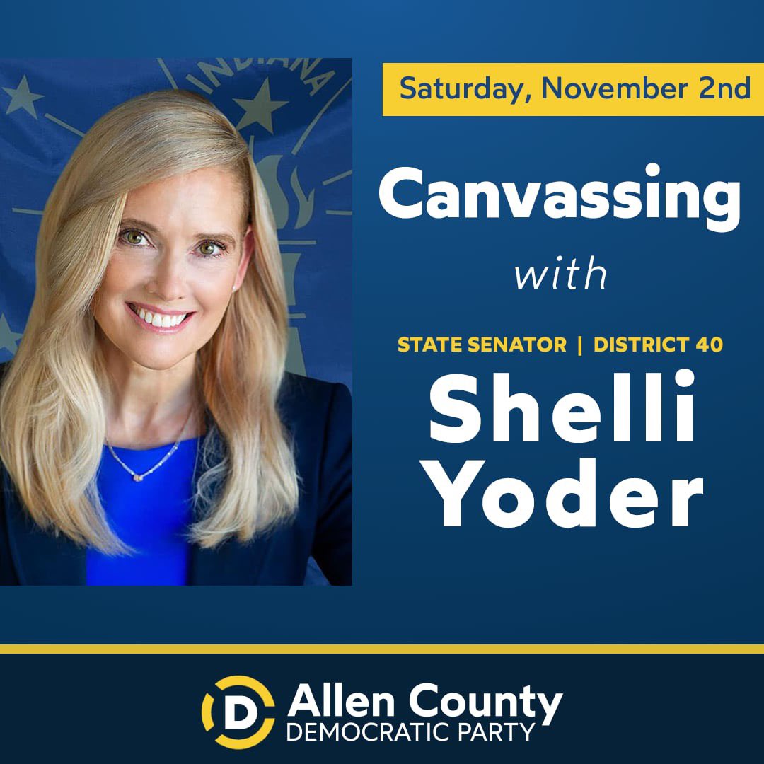 allencountydem's tweet photo. Join State Senator Shelli Yoder this Saturday at 3:00pm to canvass in Allen County! She's making a three-hour drive from her home in Monroe County to help US - let's show up to help her!

Sign Up❗️ https://t.co/RfoPWpiFHH

We are 5️⃣ days from Election Day!  #AllenCountyDems https://t.co/fUofQ0UGg3