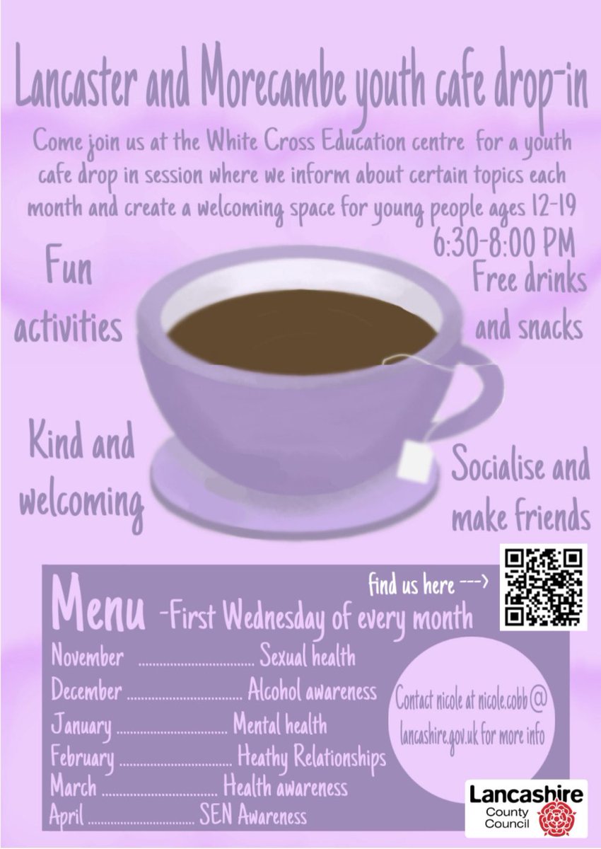 Nic_InYouthWork's tweet photo. Our Lancaster and Morecambe Youth Council have started a new youth cafe. Looking to provide warm spaces for young people once a month over winter to tackle social isolation and lack of safe space for young people. Free food, drink, games and craft. Please share 🫶 https://t.co/paZNp6bDIB