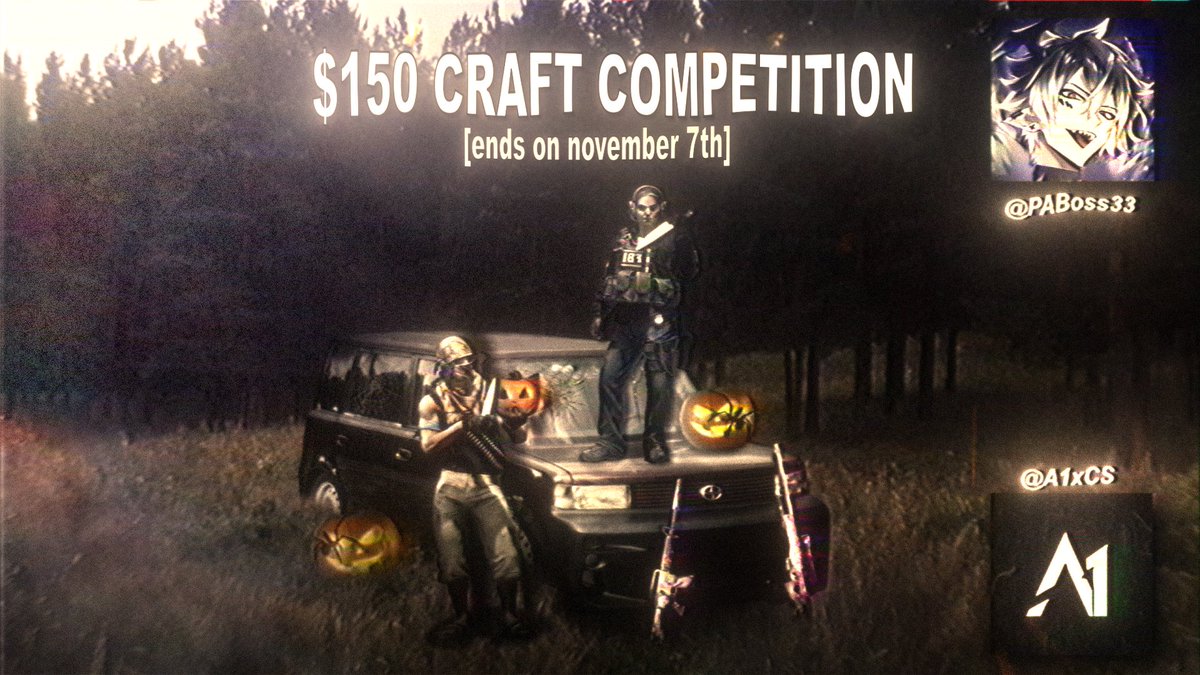 PABoss33's tweet photo. 🎃150$ craft competition🎃

🚨Winner get's his own craft gifted🚨

Follow @PABoss33 and @A1xCS
Send in a craft of max 150$ for stickers and gun

retweet🔁 like💜 and reply with a inspect link of your craft to be eligible to win

!!More infos in the next tweet!! https://t.co/Wt4fbKjcvN