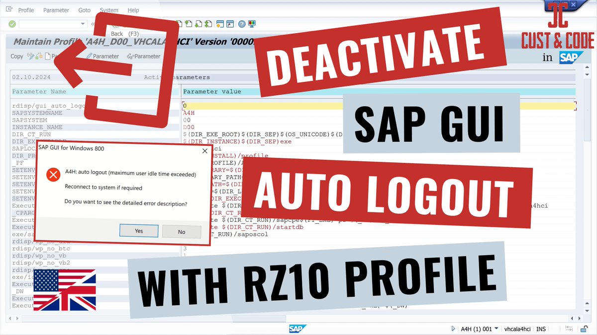 CustAndCode's tweet image. Deactivate auto logout for SAP GUI - RZ10 - Customize profile [english] youtu.be/wD9ARUSWe-8?si… via @YouTube 

#sap #sapgui #autologout #customizing