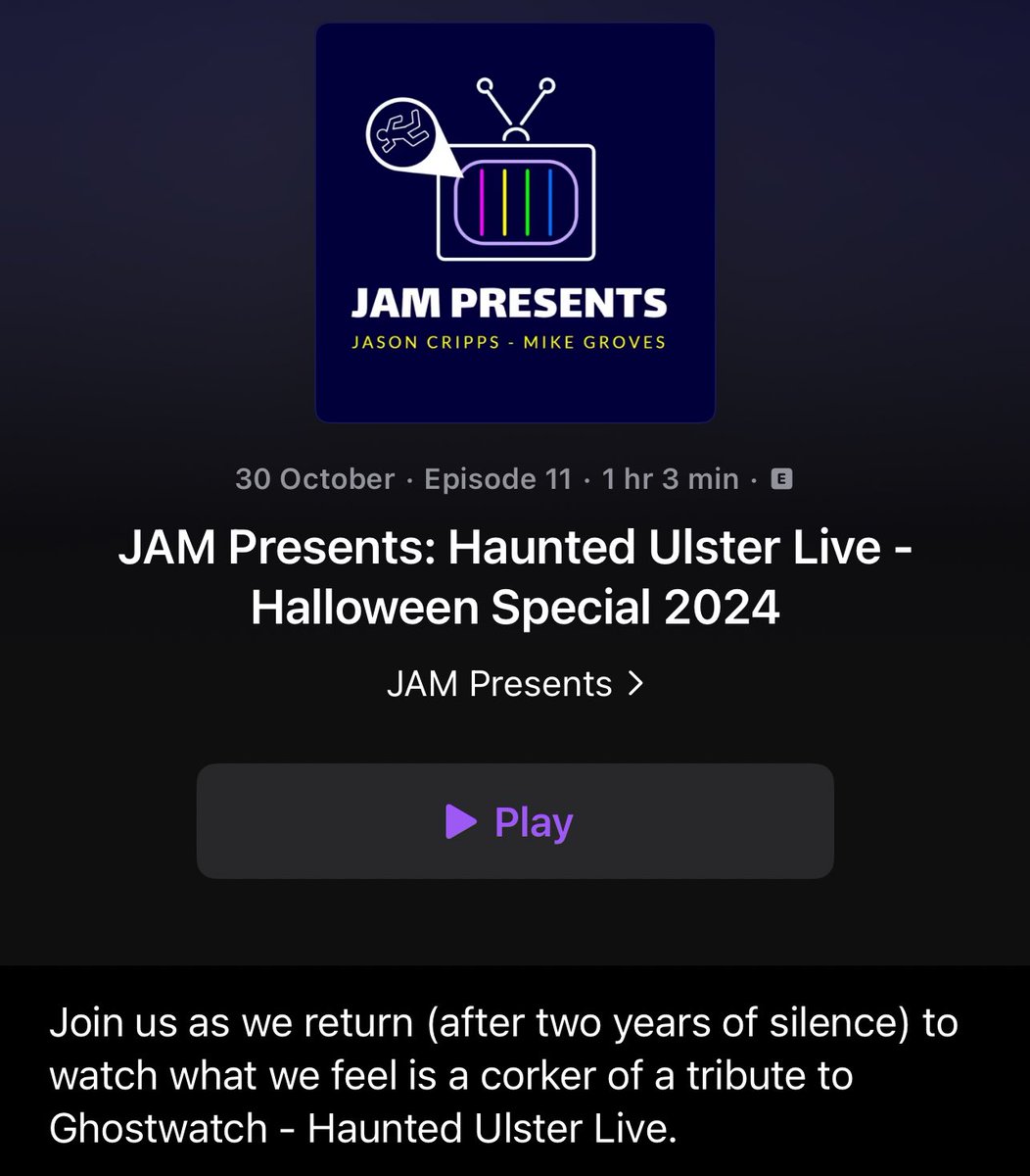 PresentsJam's tweet photo. It’s been over two years since we last recorded.

We’re back for JAM Presents: Haunted Ulster Live - our Halloween 2024 special. 

If you’ve not seen it yet, get on Haunted Ulster Live - it is a brilliant homage to Ghostwatch. https://t.co/MIgtaw8twa