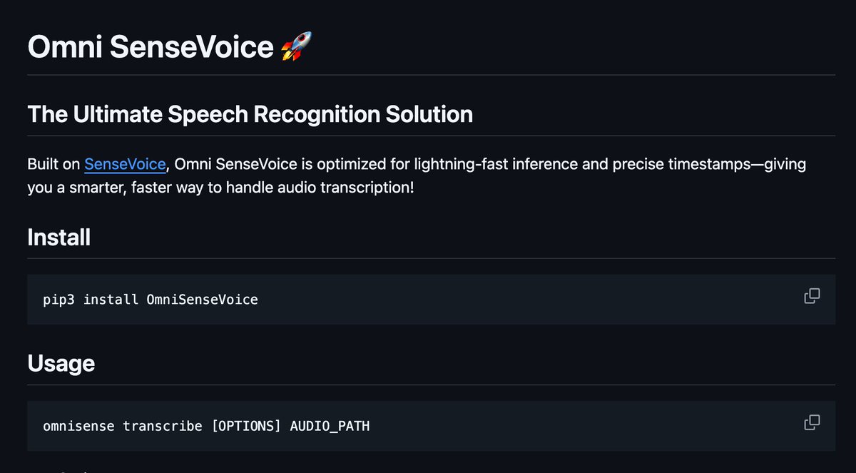 Omni SenseVoice - 基于SenseVoice 的闪电语音识别50 倍提速| 多语种支持| 精准时间戳专注于语音识别的解决方案,  基于SenseVoice 引擎开发, 针对推理速度和时间戳精度进行了优化, 支持多语言(中文(zh)、英文(en)、粤语(yue)、日语(ja)、韩语(ko)等),  支持自动语言检测 ...