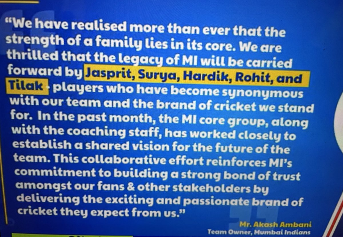 CricTakes's tweet photo. Akash Ambani’s statement about MI retention.
They have done well by retaining their core after a disappointing last season.

#IPLRetention #IPL2025 https://t.co/8JP5IHEpT0