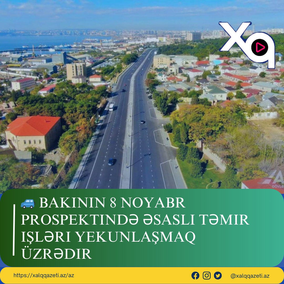 Xalqqazeti's tweet photo. 🚙 Azərbaycan Avtomobil Yolları Dövlət Agentliyi Bakının Xətai rayonunun 8 Noyabr prospektində əsaslı təmir işlərini yekunlaşdırmaq üzrədir.
Bu barədə agentliyə istinadən xəbər verilib.
#xalqqazeti #azerbaijan #baku #8noyabr #prospekt #yol #temir #xeber https://t.co/qJsAP0sTy5