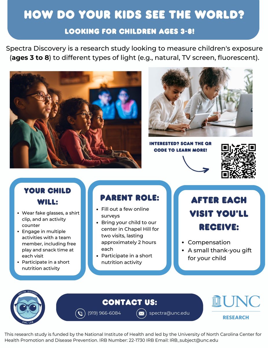Have a child between the ages of 3-8 years old and live within 50 miles of UNC Chapel Hill? Our research team is interested in the accuracy of wearable devices designed for children to measure electronic screen use.  Learn more here: tinyurl.com/4r8wxbhe