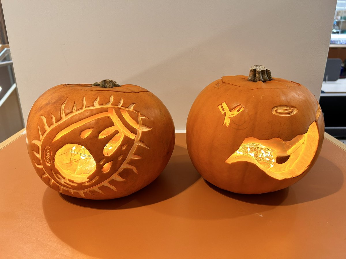 🎃 Which is most terrifying? 🎃 Plasmodium pumpkin or Trypanosome pumpkin? 🎃 Happy Halloween everyone from the Higgins lab. 🎃