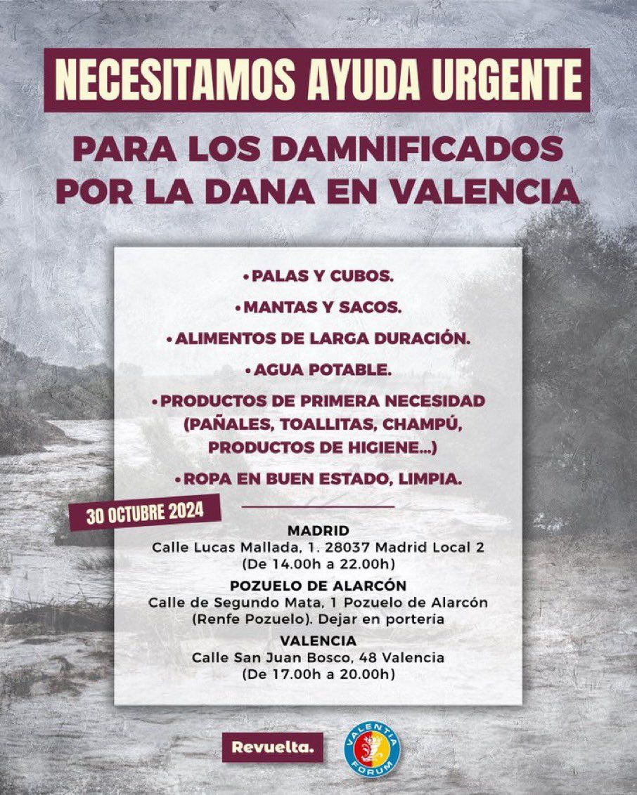 En nuestro edificio se está promoviendo una iniciativa de recogida de alimentos y enseres para los afectados por la DANA. Hasta las 22h podrás dejar en portería cualquier tipo de ayuda que quieras o puedas aportar.

📍Segundo Mata, 1 - Pozuelo de Alarcón
🚆Renfe: Pozuelo Estación