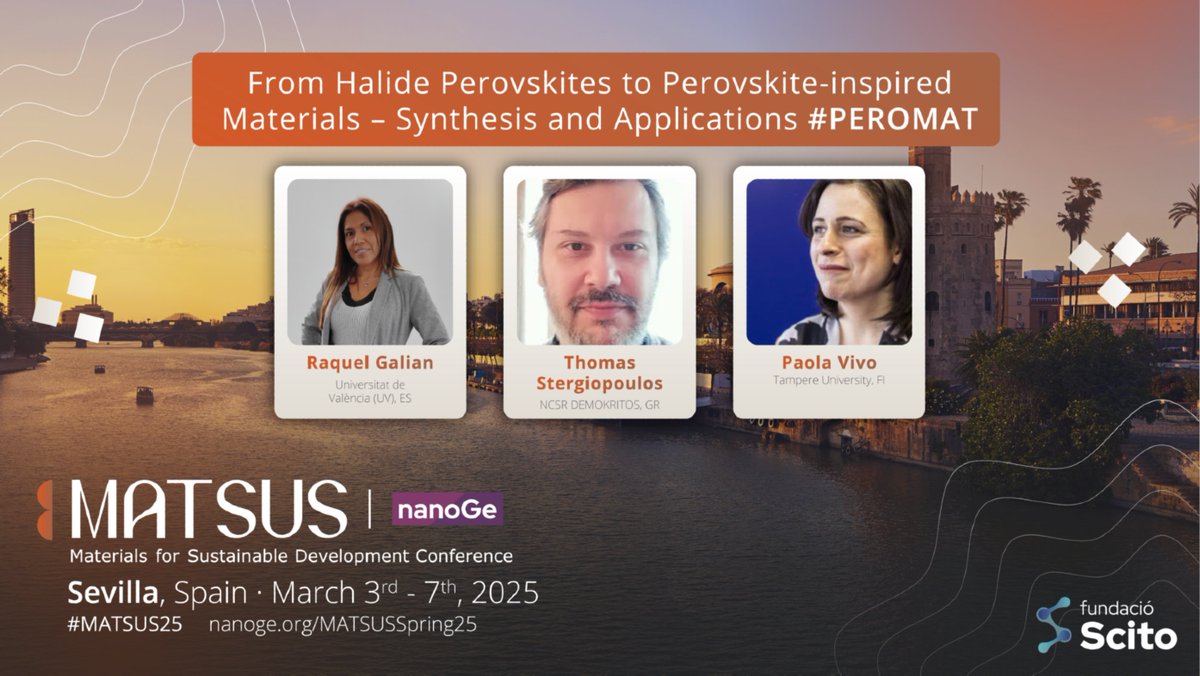 nanoGeConferences (@nanoge_conf) on Twitter photo 🟠Discover at #MATSUS25 <a href="/nanoGe_Conf/">nanoGeConferences</a> the synthesis and applications from halide perovskites & perovskite-inspired materials focusing on their chemistry and physics and their untapped potential
📍Sevilla, Spain
🗓️3rd-7th March 2025
👉Send an oral abstract:nanoge.org/MATSUSSpring25 🟠Discover at #MATSUS25 <a href="/nanoGe_Conf/">nanoGeConferences</a> the synthesis and applications from halide perovskites & perovskite-inspired materials focusing on their chemistry and physics and their untapped potential
📍Sevilla, Spain
🗓️3rd-7th March 2025
👉Send an oral abstract:nanoge.org/MATSUSSpring25