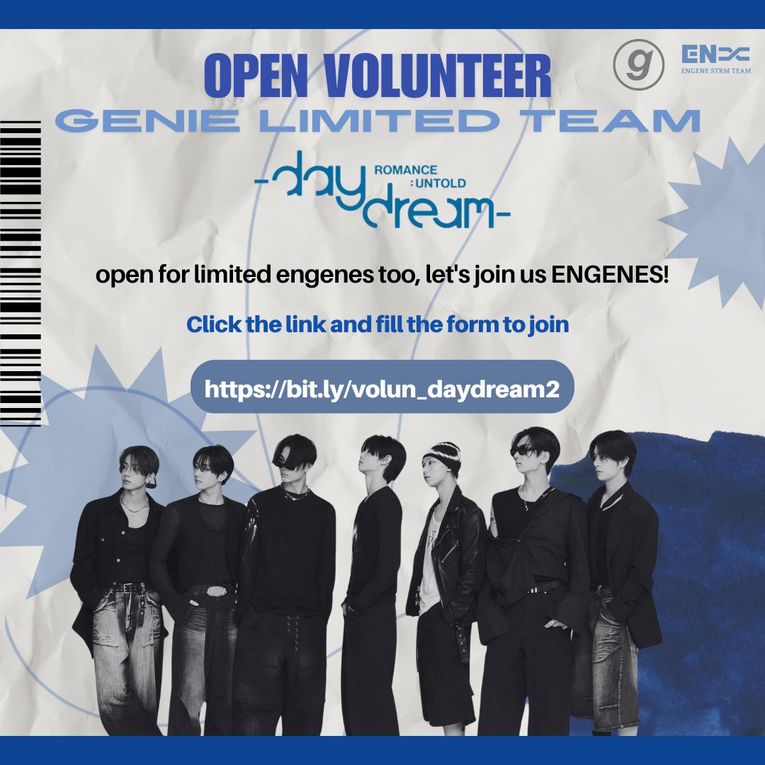 engenestrmteam's tweet photo. OPEN VOLUNTEER GENIE LIMITED TEAM💭

Buat ENGENES yg ketinggalan oprec kemarin dan mau bergabung menjadi volunteer kami, mari ikut Romance Team kami di comeback mendatang!! 

FOR LIMITED ONLY!! BURUAN IKUTTT🤍
https://t.co/mWQQo2VzLy

#ENHYPEN #엔하이픈 @ENHYPEN @ENHYPEN_members https://t.co/M4WLs971QP
