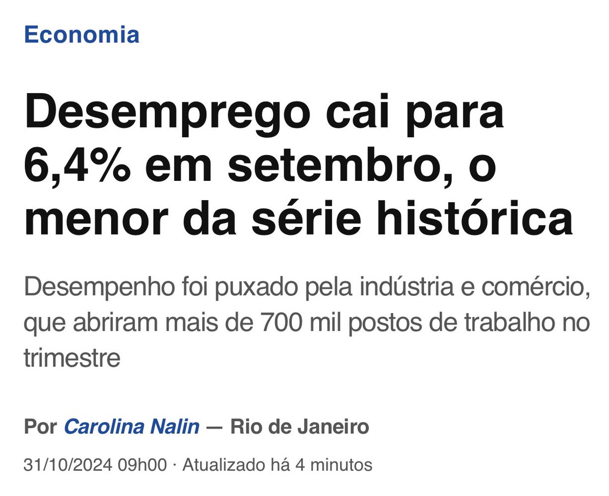 Desemprego em 6,4%, o menor índice desde 2013. Em setembro de 2024, foram gerados 247 mil novos empregos, um aumento de 21% em relação ao ano passado. Com trabalho e diálogo, estamos construindo juntos um país melhor, com mais oportunidades.
