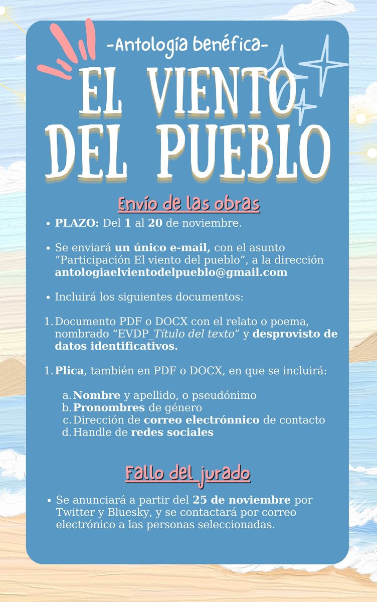 ¡Os presentamos la antología "El viento del pueblo"!

Se trata de una iniciativa benéfica, y el 100% de lo recaudado se destinará a las personas afectadas por la #DANA que asola España desde el 29 de octubre.

¡Aquí tenéis las bases! Resumen en comentarios.
