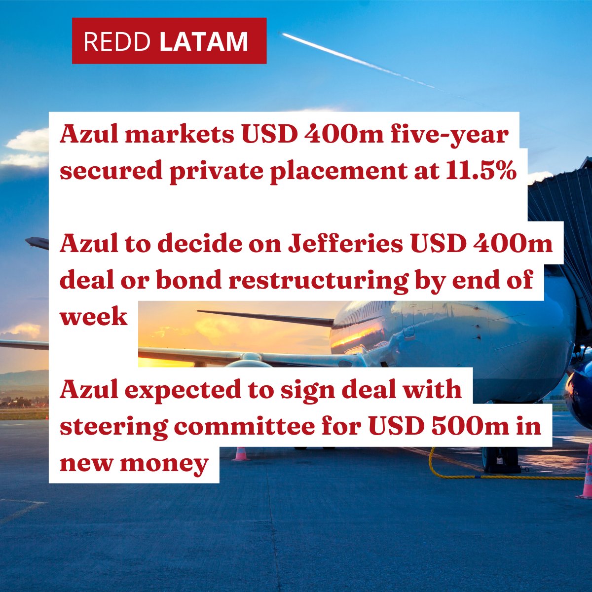 ReddIntell's tweet image. REDD LATAM tracked Azul's bondholder negotiations, including a $400m private placement with Jefferies. Later, REDD reported Azul weighing Jefferies vs. a $500m bond restructuring. On Oct 25, REDD was first to report Azul's engagement with bondholders. hubs.la/Q02Wq-Cn0