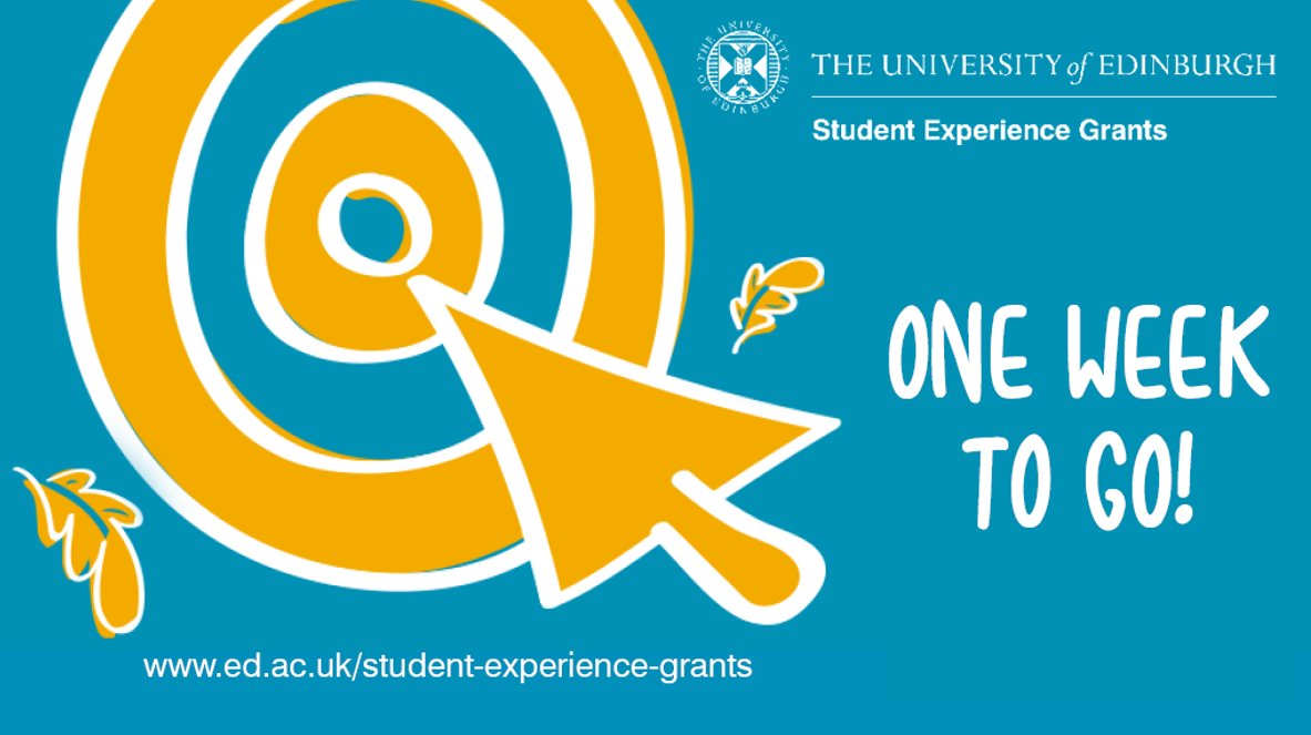 Only one week to go!
Are you a student or member of staff looking for funding?
#StudentExperienceGrants are still open for applications.
Apply for up to £5,000 before 7 Nov - student-experience-grants.ed.ac.uk