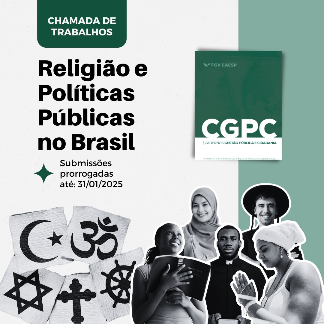 FGVEAESPesquisa's tweet photo. Envie seu artigo sobre "Religião e Políticas Públicas no Brasil" para fomentar o debate e enriquecer a compreensão desse tema crucial. Submissões prorrogadas: 31/01/2024. Confira: https://t.co/zA2R5QeqSB
#PolíticasPúblicas #Religião #CGPC #ChamadaDeTrabalhos https://t.co/YLCZAS9nx4