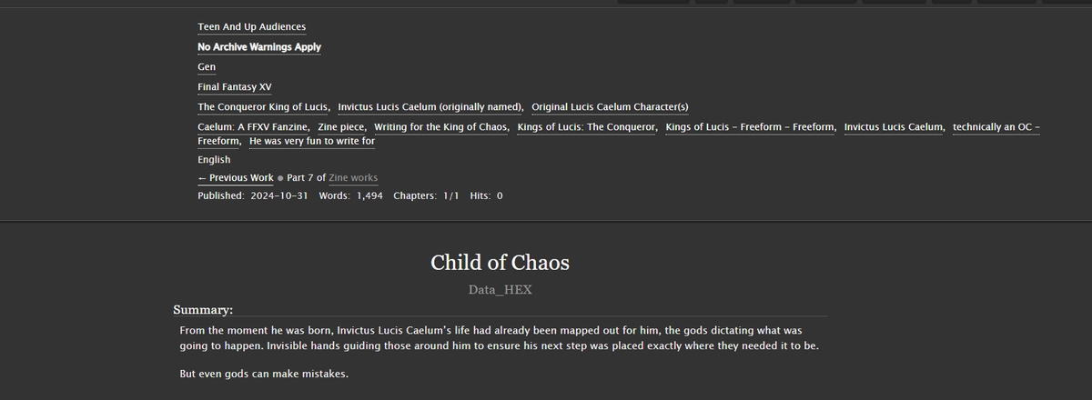 I not only was the social media moderator for the Caelum zine, but also contributed a piece for it as well.
It was so much fun working on this &amp; getting to "know" The Conqueror.

I hope you enjoy <3

archiveofourown.org/works/60204874

<a href="/ffxvcaelum/">Caelum: A FFXV Fanzine</a>