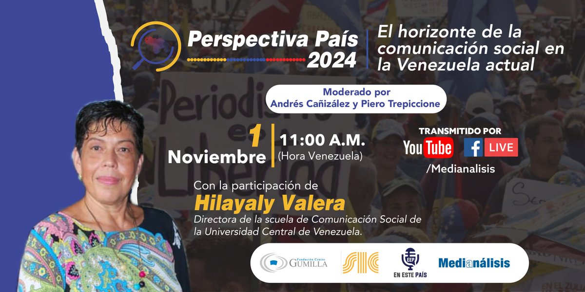 Medianalisis's tweet photo. 👉🏻Te invitamos a la nueva edición de #PerspectivaPaís "El horizonte de la comunicación social en la Venezuela actual" donde conversaremos con Hilayaly Valera (@hilayaly)

📆La cita es el viernes 1 de noviembre a las 11 AM en #Facebook y #YouTube de #Medianálisis 

@centrogumilla https://t.co/nJL1YgQkMG