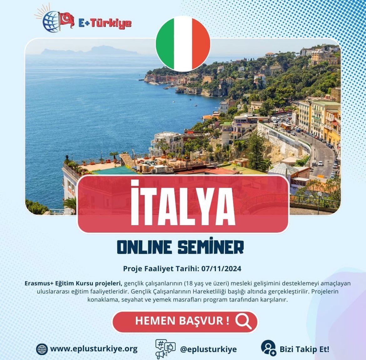 🇮🇹 İtalya (Online) Semineri 💻

🗓️ Proje Tarihi: 07/11/2024

📌 Son Başvuru Tarihi: 03/11/2024

🏢 Proje Sahibi: Solis Slrs

eplusturkiye.org/proje/italya-o…