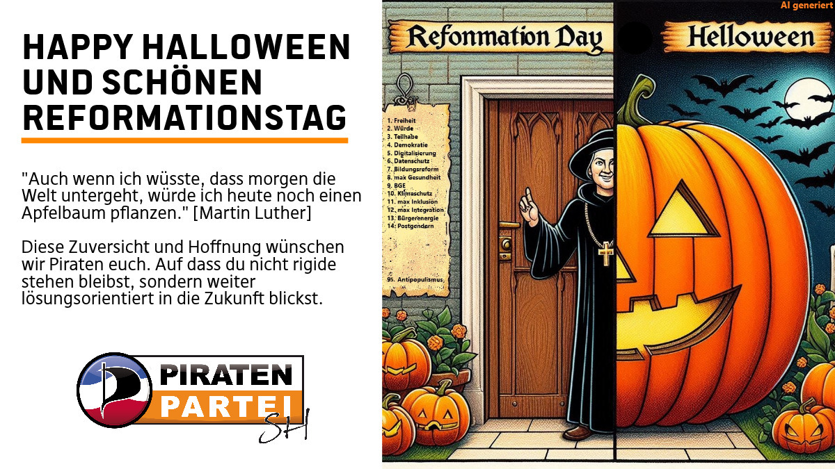 Politiker*innen zu sein heißt nach Amtseid zuzuhören und alle Menschen zu schützen. Daher fragen wir dich: Welche Thesen würdest du heute an die Tür nageln? #Reformationstag #Halloween #Piraten