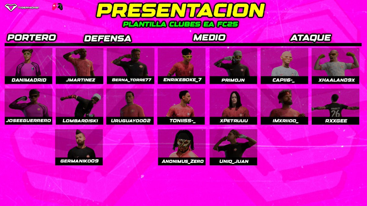 𝑷𝑳𝑨𝑵𝑻𝑰𝑳𝑳𝑨 𝑶𝑭𝑰𝑪𝑰𝑨𝑳 | 𝑪𝑳𝑼𝑩𝑬𝑺 𝑷𝑹𝑶

Presentamos a la que será nuestra plantilla para esta temporada en EAFC⚽️

🏆Competiremos en <a href="/VPG_Spain/">Virtual Pro Gaming España</a> @PLGeFootBall <a href="/IVFA_Spain/">IVFA Spain</a>

¡LUCHAREMOS CON TODO PARA CONSEGUIR LOS OBJETIVOS!🫡

#Somos02 🩷