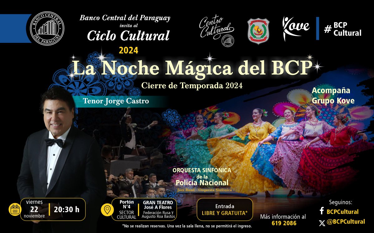 BCPCultural's tweet photo. INVITACIÓN | ¡Cerramos la temporada 2024 del #CicloCultural con "La noche mágica del BCP"!

Viernes | 22 | noviembre
20.30 horas
Gran Teatro BCP

Acceso libre y gratuito
#BCPCultural https://t.co/E1nDUg42eF