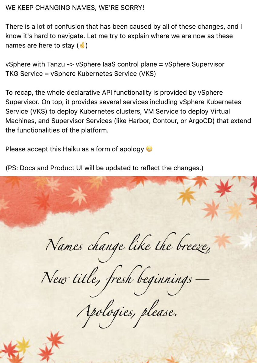 WE KEEP CHANGING NAMES, WE'RE SORRY!

#vSphere #Supervisor #Kubernetes #VKS #VMService #vExpert #TellAFriend