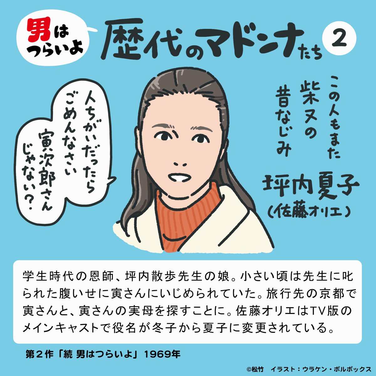 #今月描いた絵を晒そう
『男はつらいよ』
 BSテレ東10月放送分マドンナ  

第1作…御前様の娘 
第2作…恩師の娘 
第3作…旅先の美人女将 
第4作…とらやに下宿した幼稚園の先生  

半年の間に、これだけ惚れて、失恋を繰り返す。切り替えが早くて、ある意味羨ましい。 