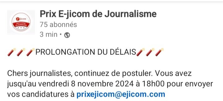 Ecole Ejicom (@eejicom) on Twitter photo ❗️❗️prolongation du délais ❗️❗️
#PrixEJicomdejournalisme
#ejicomschool ❗️❗️prolongation du délais ❗️❗️
#PrixEJicomdejournalisme
#ejicomschool