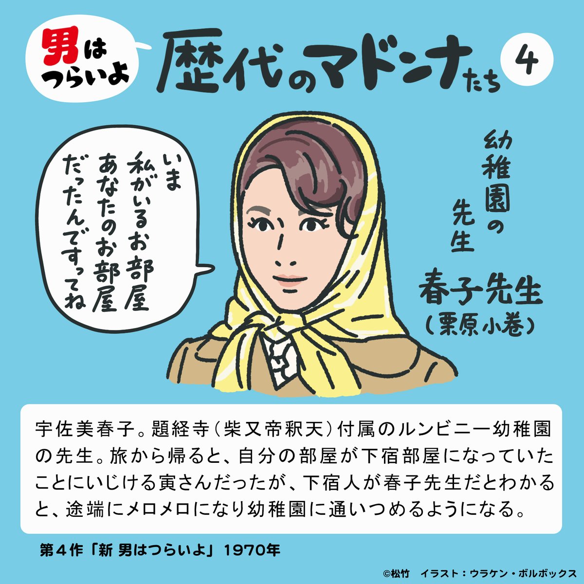 #今月描いた絵を晒そう
『男はつらいよ』
 BSテレ東10月放送分マドンナ  

第1作…御前様の娘 
第2作…恩師の娘 
第3作…旅先の美人女将 
第4作…とらやに下宿した幼稚園の先生  

半年の間に、これだけ惚れて、失恋を繰り返す。切り替えが早くて、ある意味羨ましい。 