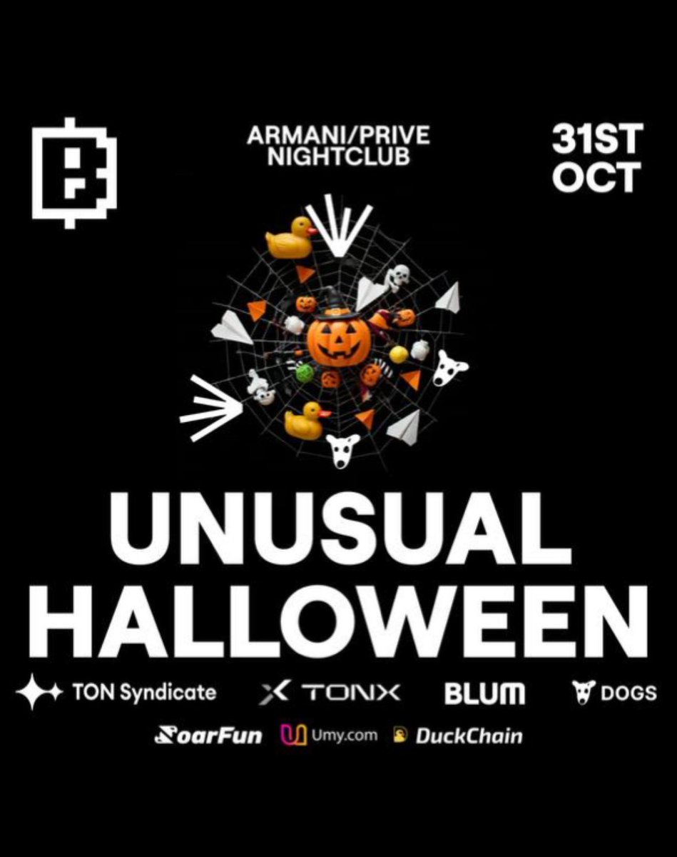 Halloween crypto party 
Have a refresh after Binance Blockchain Week, and get warmed-up for TON Gateway during our nightclub party!

— Hosts: Blum, DOGS, TONX &amp; TON Syndicate
— Co-hosts: Duckchain
Due to seat limit

lu.ma/duv5yasf