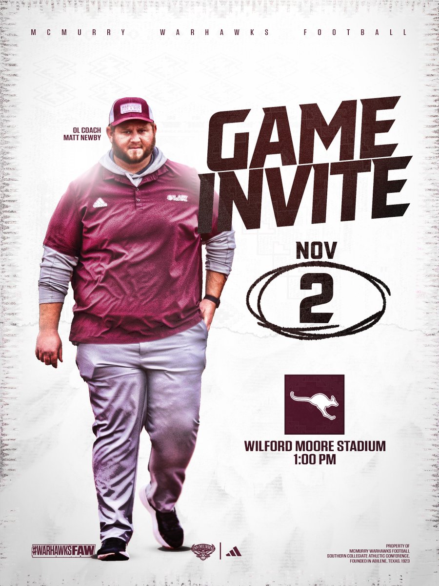 McMURRY FOOTBALL (@mcmurryfootball) on Twitter photo There’s nothing quite like Homecoming at McMurry!
Recruits, come check us out vs. Austin College Saturday, 1:00 PM @ Wilford Moore.
#WarHawksFAW
#DOMINATE
#GOOD
@CoachNealMCM
<a href="/CoachSnyde/">Will</a>
<a href="/CoachMNewby/">Matthew Newby</a>
<a href="/CoachStarkMCM/">John Stark</a>
<a href="/CoachRauMCM/">Mark Rau</a>
<a href="/kjkelley_1/">KJ Kelley</a>
<a href="/brownfieldIV/">Leo Brownfield IV</a> There’s nothing quite like Homecoming at McMurry!
Recruits, come check us out vs. Austin College Saturday, 1:00 PM @ Wilford Moore.
#WarHawksFAW
#DOMINATE
#GOOD
@CoachNealMCM
<a href="/CoachSnyde/">Will</a>
<a href="/CoachMNewby/">Matthew Newby</a>
<a href="/CoachStarkMCM/">John Stark</a>
<a href="/CoachRauMCM/">Mark Rau</a>
<a href="/kjkelley_1/">KJ Kelley</a>
<a href="/brownfieldIV/">Leo Brownfield IV</a>