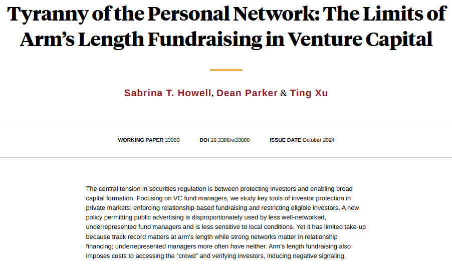 Arm's-length fundraising allows traditionally underrepresented venture capital fund managers to escape the need for relying on personal networks, but introduces the need for a track record, from Sabrina T. Howell, Dean Parker, and <a href="/TingXuFinance/">Ting Xu</a> nber.org/papers/w33080