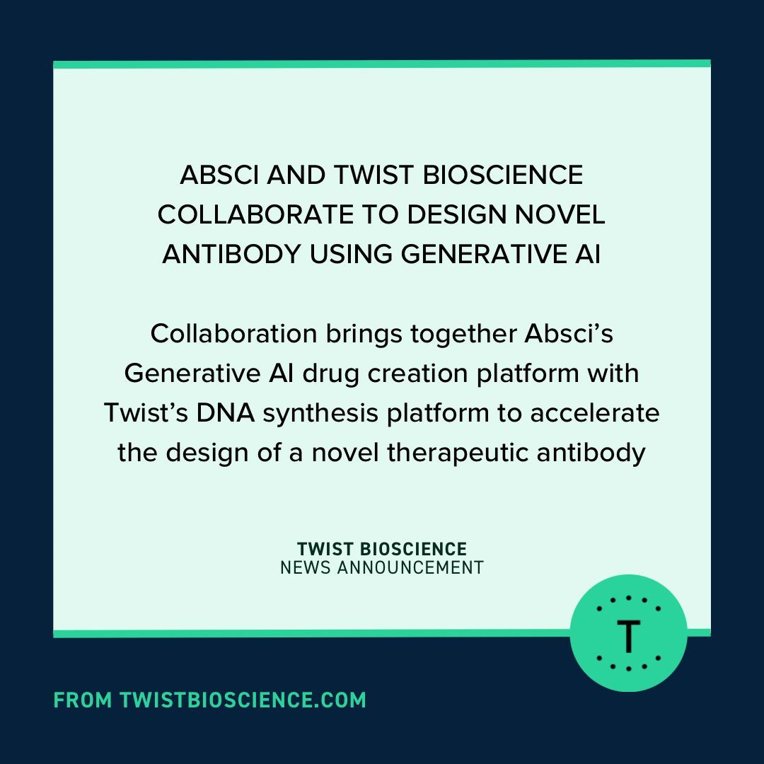 Big news! We are collaborating with <a href="/abscibio/">Absci</a>! Absci’s AI de novo design capabilities + <a href="/TwistBioscience/">Twist Bioscience</a>’s silicon-based synthesis platform, including Multiplexed Gene Fragments = 💪 

Press release: bit.ly/4fu9JsJ