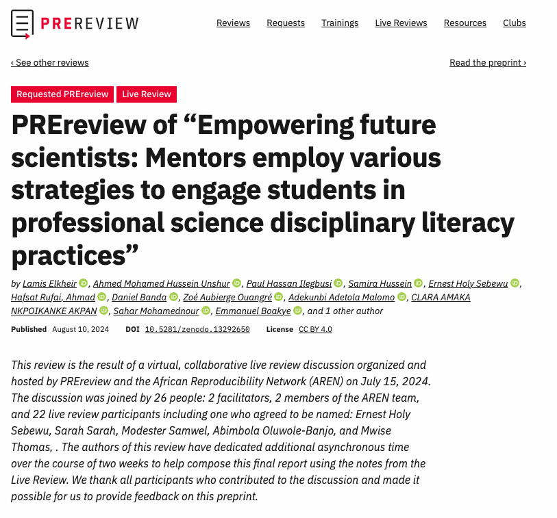 You can also find preprints requesting reviews via our website and on our Slack (bit.ly/PREreview-Slack). This review was written by #PREreviewChampion Lamis Elkheir &amp; <a href="/africanrepro/">African Reproducibility Network (AREN)</a> as part of their training program and in response to a review request: prereview.org/reviews/132926…