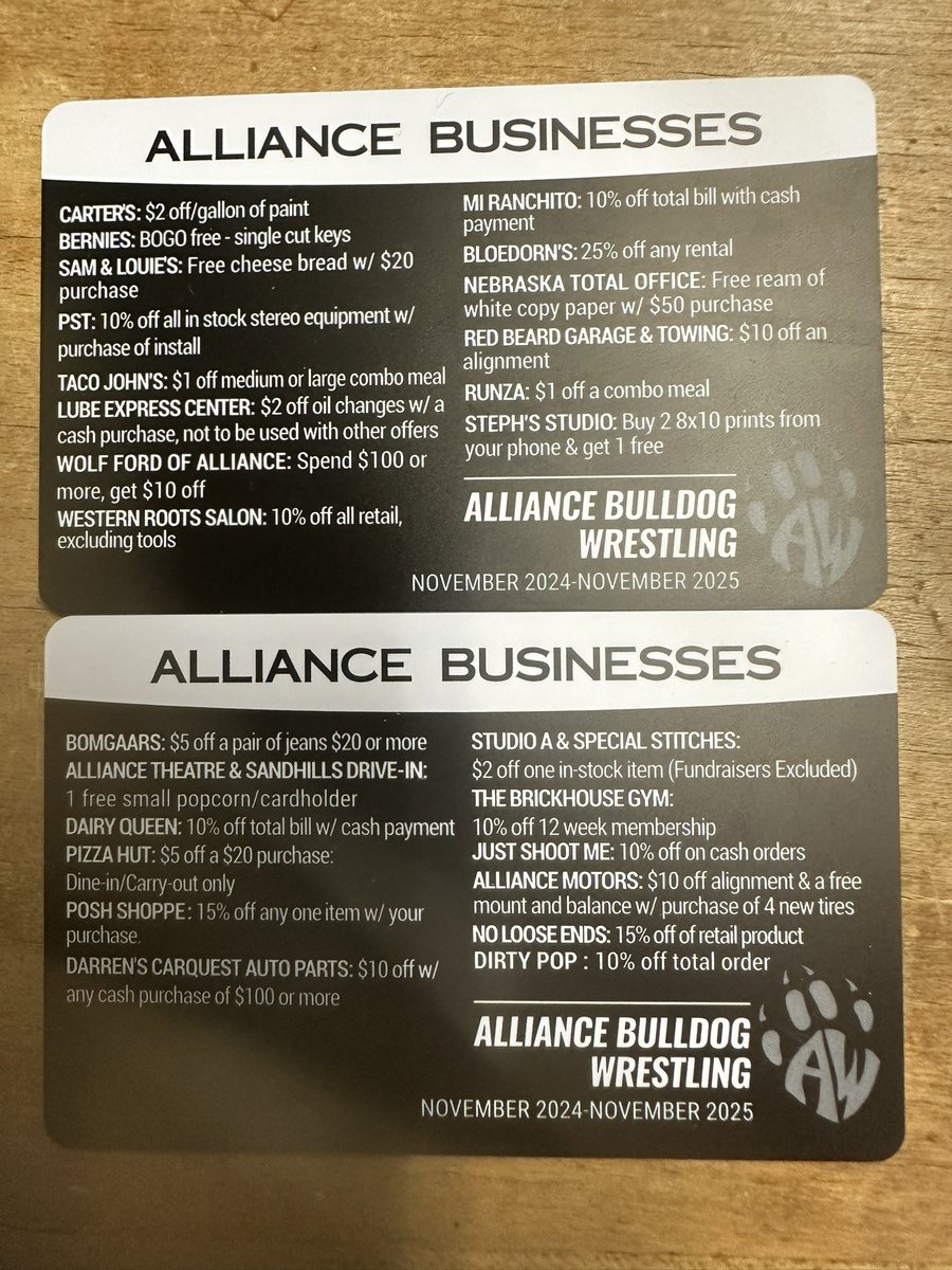 BDS_WRES's tweet photo. WRESTLING CARDS WILL BECOME AVAILABLE THE EVENING OF NOVEMBER 11th!

See ANY AHS WRESTLER to get yours!

$20/Card

Check out the great deals that Alliance Businesses are providing!

HUGE THANK YOU TO ALL OF THEM FOR THEIR CONTINUED SUPPORT OF BULLDOG WRESTLING!
FIGHT IN THE SHADE https://t.co/yQIb85g2j8