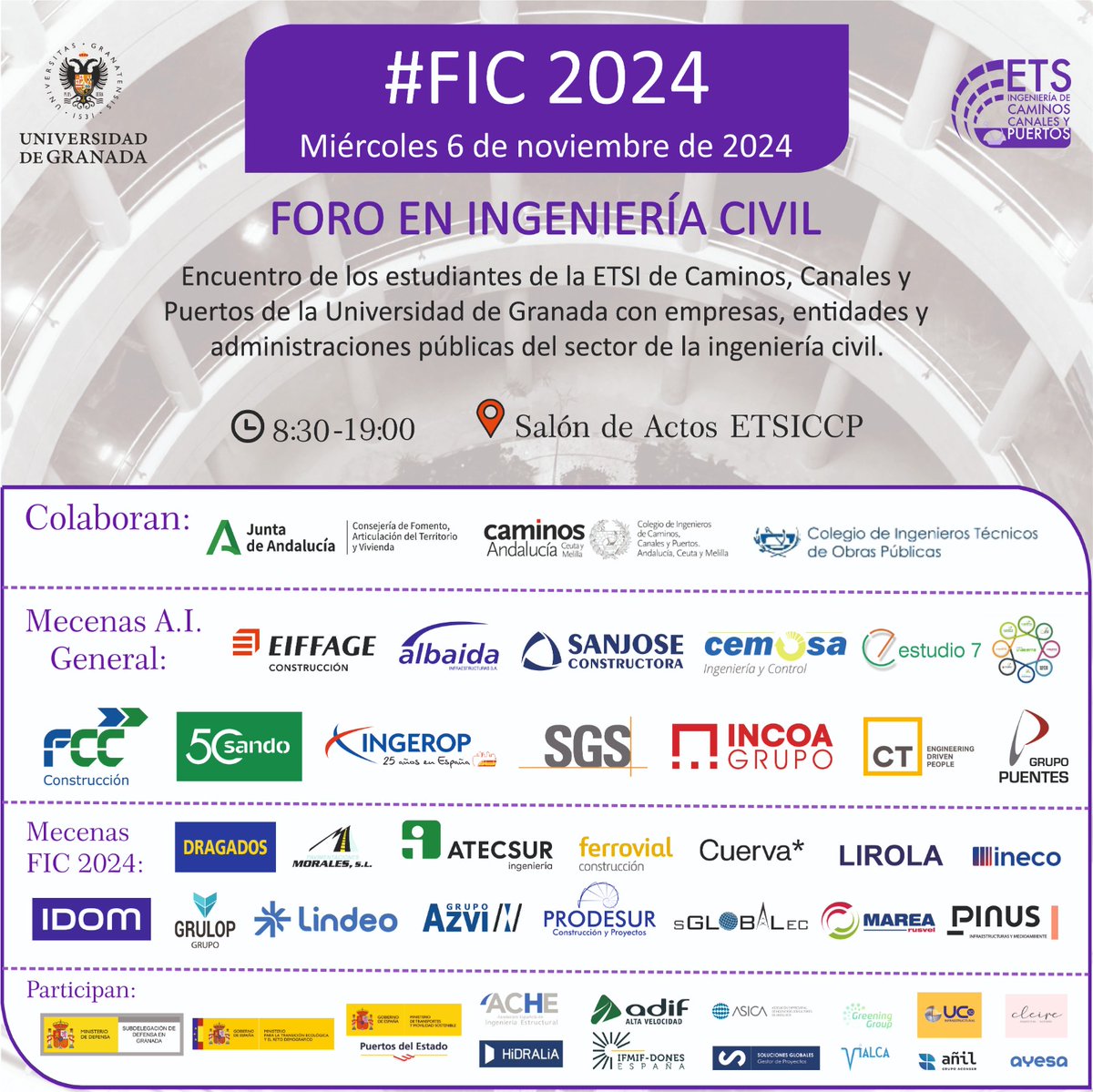 ETS Caminos UGR (@etscaminosugr) on Twitter photo El 6 de noviembre tendrá lugar la VII Edición del Foro en Ingeniería Civil #FIC2024 en la <a href="/ETSCaminosUGR/">ETS Caminos UGR</a>. Más de 40 empresas y entidades relacionadas con la Ingeniería Civil estarán con nosotros y con los más de 100 estudiantes inscritos. Gracias a todos por vuestra participación El 6 de noviembre tendrá lugar la VII Edición del Foro en Ingeniería Civil #FIC2024 en la <a href="/ETSCaminosUGR/">ETS Caminos UGR</a>. Más de 40 empresas y entidades relacionadas con la Ingeniería Civil estarán con nosotros y con los más de 100 estudiantes inscritos. Gracias a todos por vuestra participación