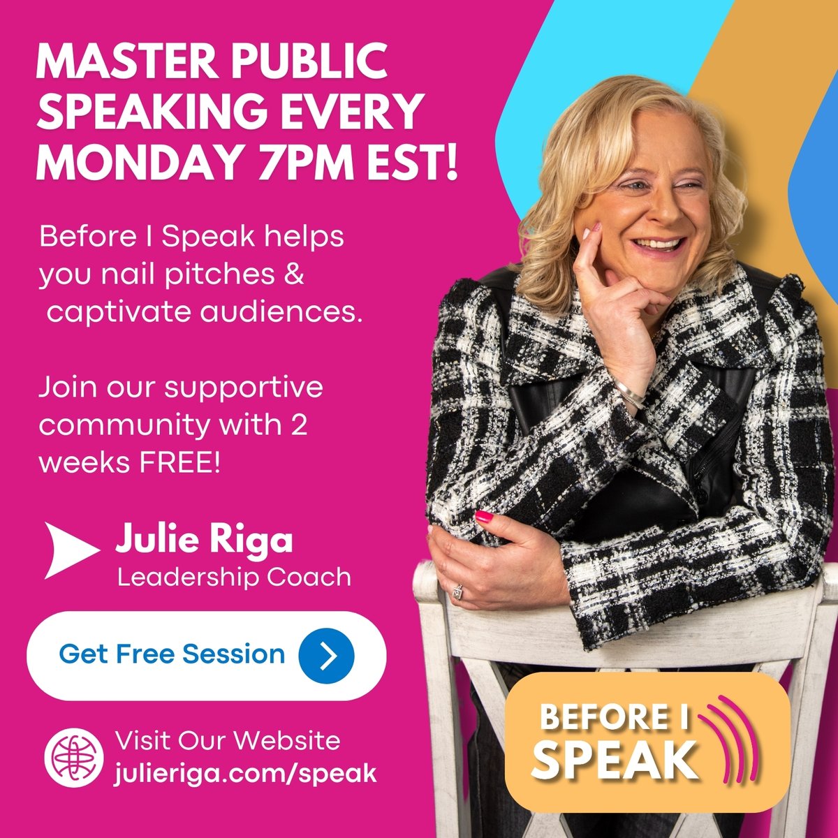 StayonCoursePod's tweet image. Master public speaking every Monday 7PM EST! Before I Speak helps you nail pitches &amp;amp; captivate audiences. Join our supportive community with 2 weeks FREE! julieriga.com/live #BeforeISpeak #PublicSpeaking #CommunicationSkills