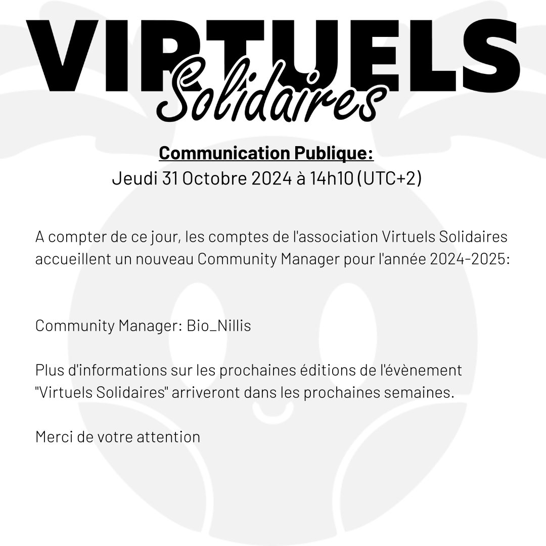 VrtSolidaires's tweet photo. 〘COMMUNIQUÉ〙 

Les comptes Virtuels Solidaires accueillent un nouveau Community Manager pour l'année 2024-2025. 

Merci de votre attention. https://t.co/J8HuPsn9c9