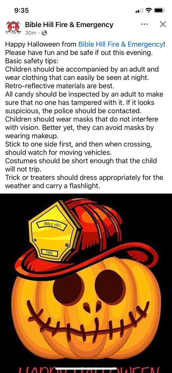 With Halloween today we encourage all members of our community to enjoy the fun evening and be safe. Some safety reminders attached. There is a safe “trick or treat” event at the Bible Hill Village Hall (attached to the fire station, 69 Pictou Road) for all the little ones.