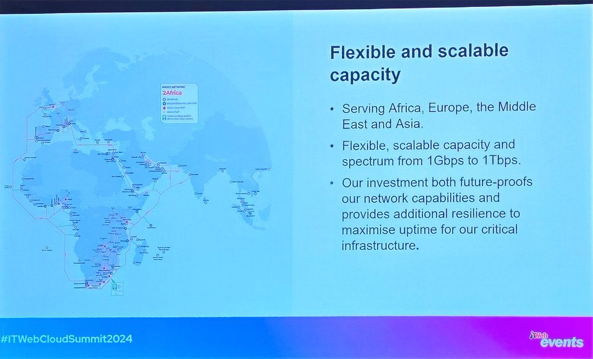 sakhilesibuyi's tweet image. Interesting to know open access data centers runs a large network cabling across africa into Europe, @ITWeb , #ITWebCloudSummit2024