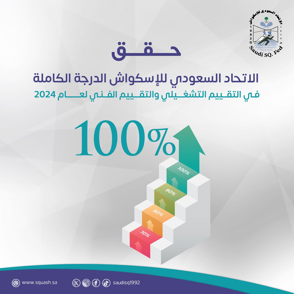 Saudisq1992's tweet photo. هنأ رئيس الاتحاد السعودي للاسكواش كافة العاملين في الاتحاد بمناسبة تحقيق العلامة الكاملة في التقييم الفني والتشغيلي خلال عام 2024 م ،متمنيآ من الجميع مواصلة العطاء والتميز. https://t.co/yrA8I1pf4v