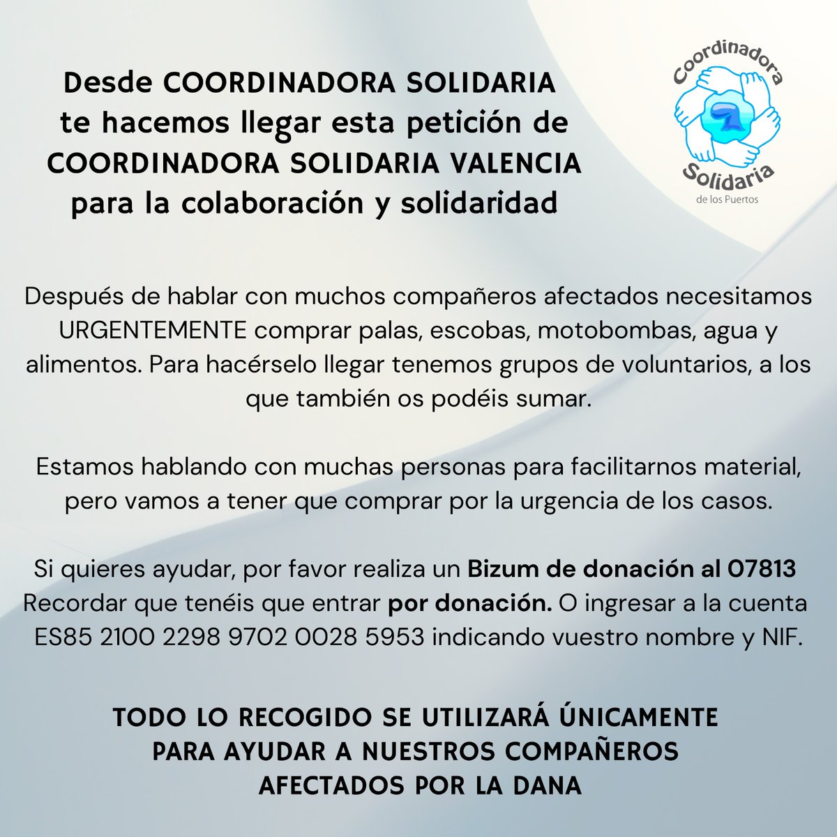 #CoordinadoraSolidaria se hace eco de la petición que realizan los compañeros de #CoordinadoraColidariaValencia,  una llamada a la colaboración y a la solidaridad.

#valencia #DANA #tormenta #SomosPuerto #SomosCoordinadora
