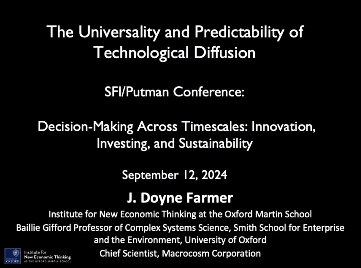 JWI_Digi_Econ's tweet image. 🔴 Happening Now! Tune in to @doyne_farmer for a fascinating #PLAMADISO talk on “The Universality and Predictability of #TechnologyDiffusion”.  

👉 Send us a DM to join!