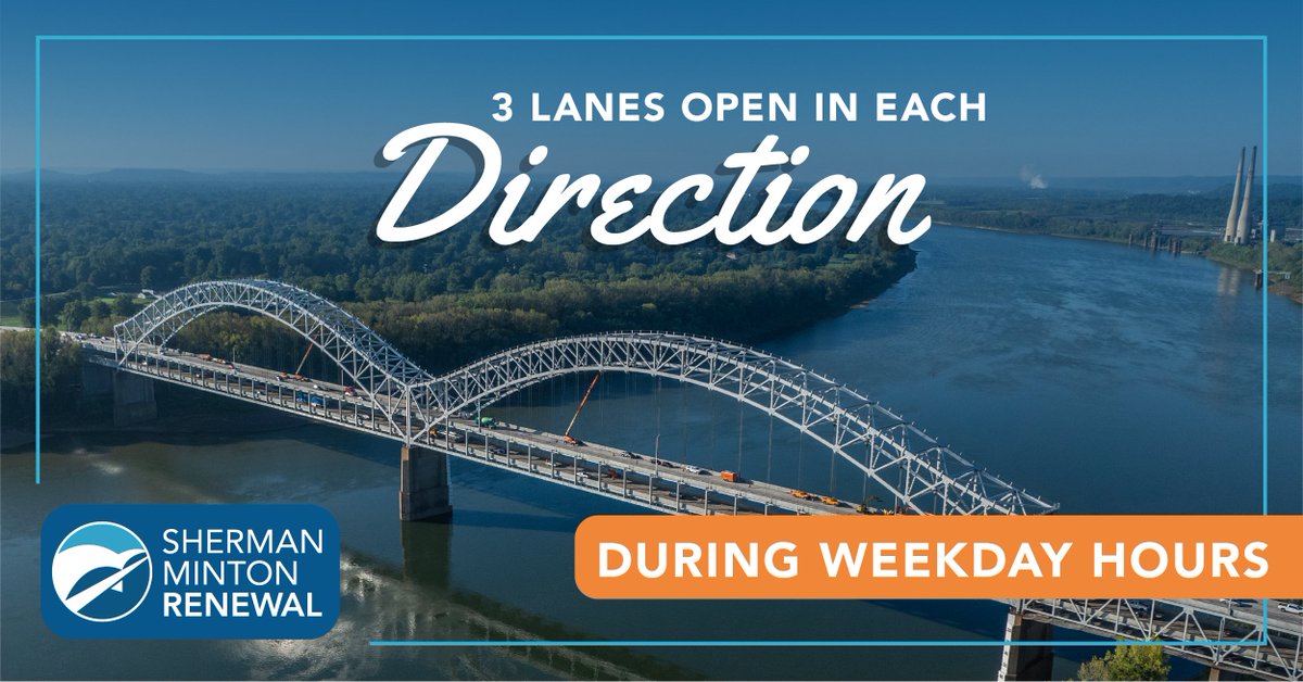 Sherman Minton Renewal (@shermanrenewal) on Twitter photo Sherman Minton bridge open to three lanes in both directions for weekday travel.
Learn more: bit.ly/3YLr9LR
<a href="/KYTCDistrict5/">KYTCDistrict5</a>
<a href="/INDOTSoutheast/">INDOT Southeast</a> Sherman Minton bridge open to three lanes in both directions for weekday travel.
Learn more: bit.ly/3YLr9LR
<a href="/KYTCDistrict5/">KYTCDistrict5</a>
<a href="/INDOTSoutheast/">INDOT Southeast</a>