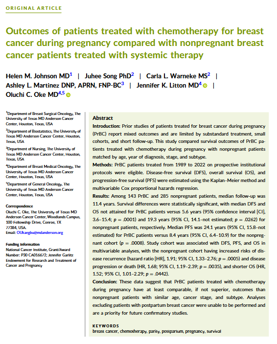 JournalCancer's tweet photo. New! Women treated for #BreastCancer during #pregnancy with chemotherapy have comparable, if not superior, outcomes than non-pregnant patients matched for age, stage, and subtype.
https://t.co/NFbMqZK4Qp
@OncoAlert @HelenMJohnsonMD #BCAM #BCSM #PrBC #YWBC https://t.co/hqMEW0zpa3
