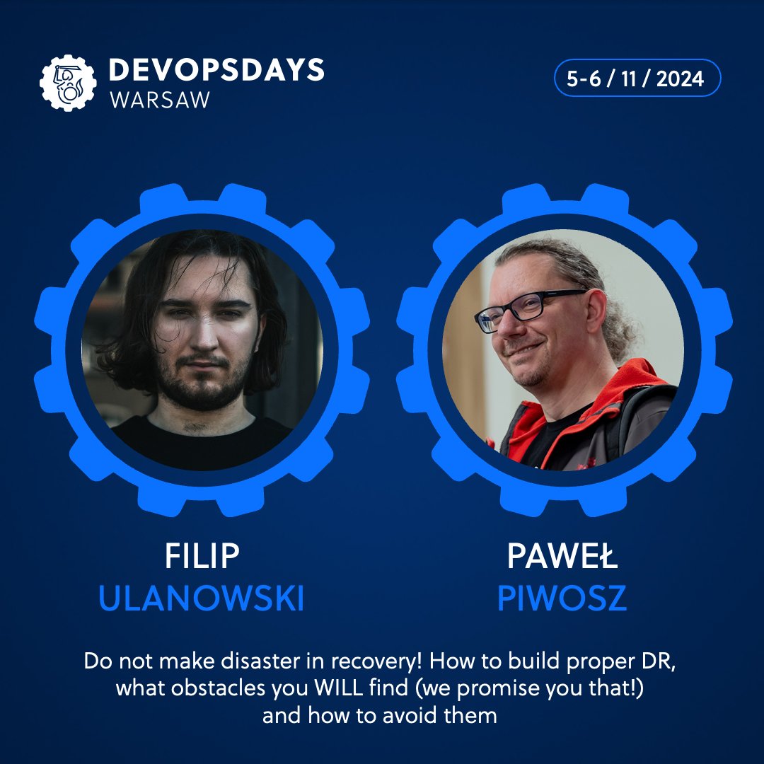 Two words that always induce fear and frantic searching inside documentation in organizations are "disaster recovery." 🔥 

But does that have to be? Join Filip Ulanowski and Paweł Piwosz to learn that it is not difficult nor expensive to prepare for a disaster scenario!