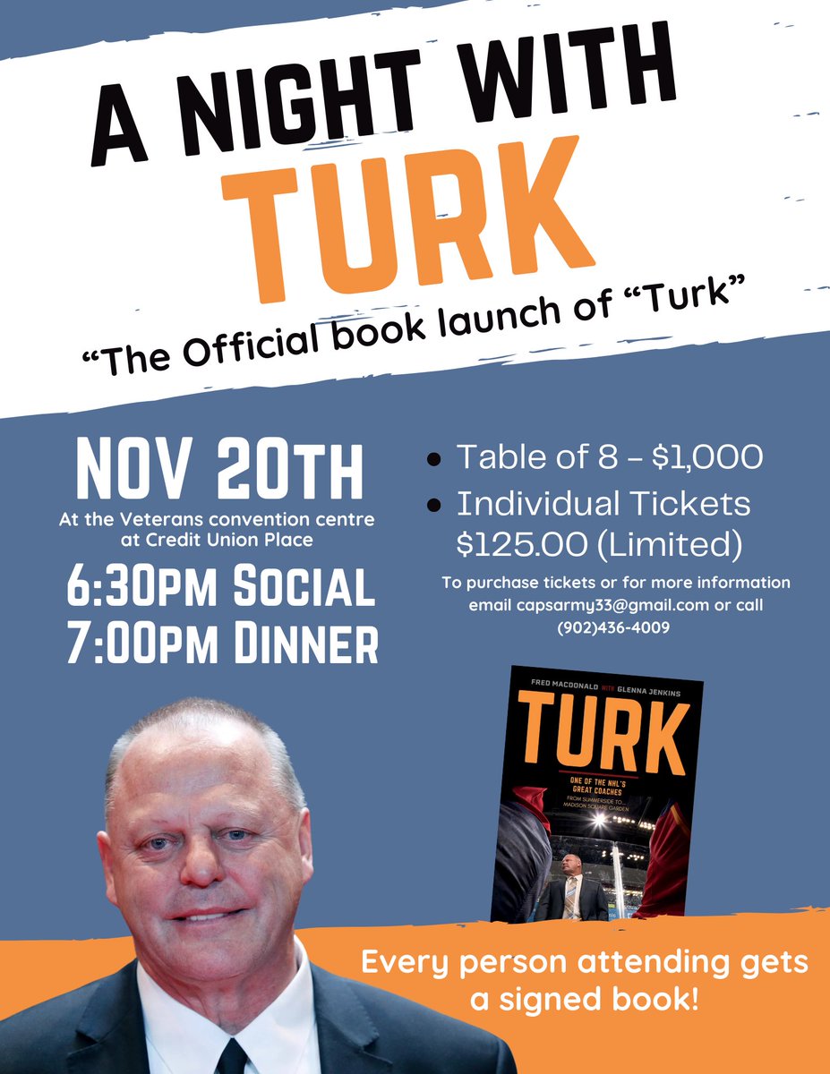 Want to get your hands on Gerard Gallant's new book "Turk"? The official launch is Wednesday, November 20th and we would love to see you there to support one of our hometown heroes. Get your table reserved soon, we expect it to sellout fast. See the poster for all of the info.